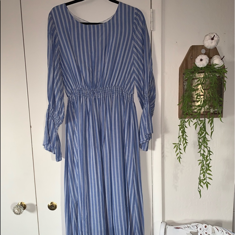 Blue and white striped midi dress
